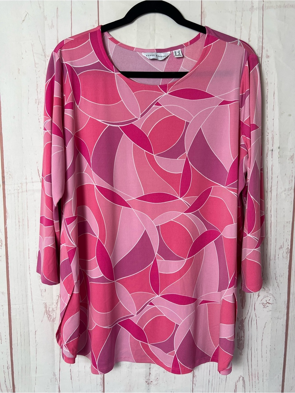 Susan Graver QVC Pink Printed Tunic Top Size 1X Stretch Liquid Knit Long Sleeve